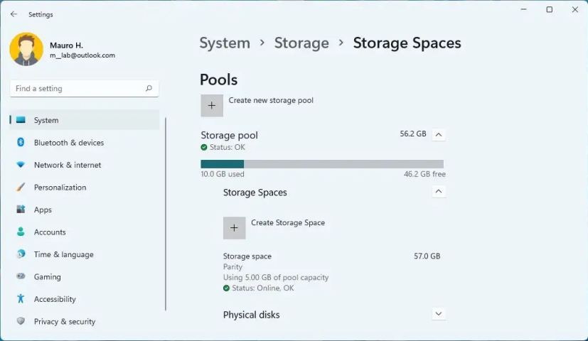 Paramètres des espaces de stockage