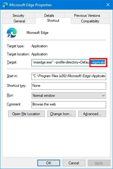 Commande Microsoft Edge toujours InPrivate