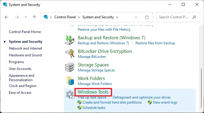 Outils Windows du Panneau de configuration