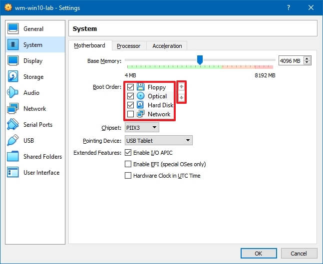 VirtualBox change l'ordre de démarrage