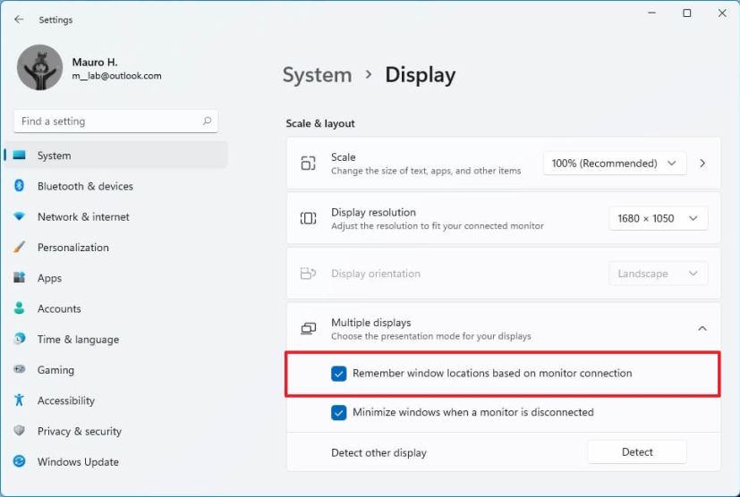 Activer le paramètre de mémorisation des emplacements Windows