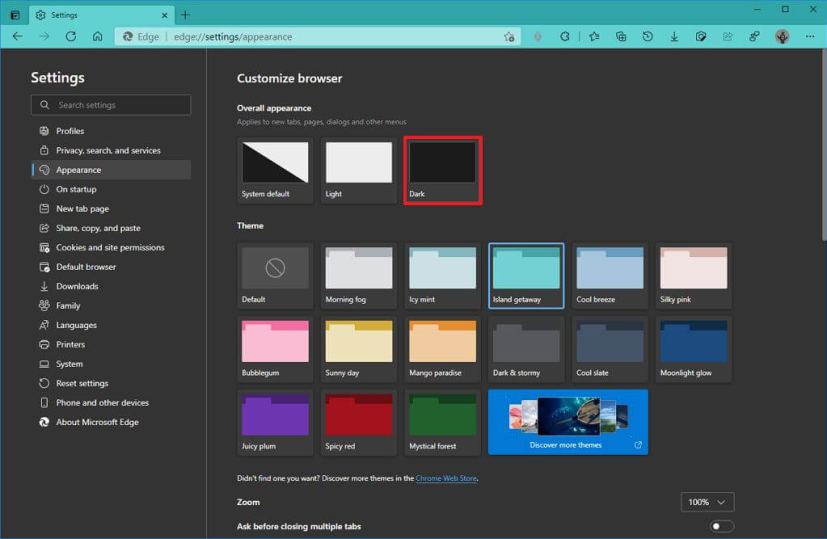 Paramètres de couleurs claires et foncées de Microsoft Edge