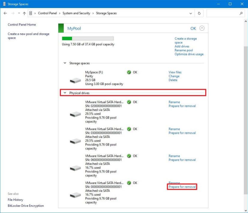 Pool de stockage, sélectionnez le lecteur pour supprimer le panneau de configuration