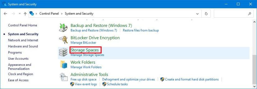 Option espaces de stockage du panneau de configuration