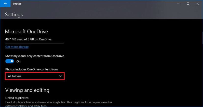Application Photos OneDrive, option tous les dossiers