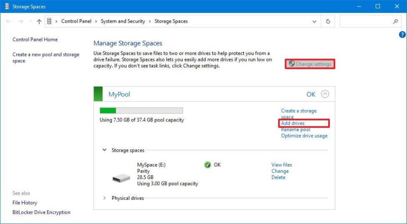 Les espaces de stockage du panneau de configuration ajoutent des lecteurs 