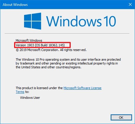 Vérification de la version de la commande Windows 10 Winver