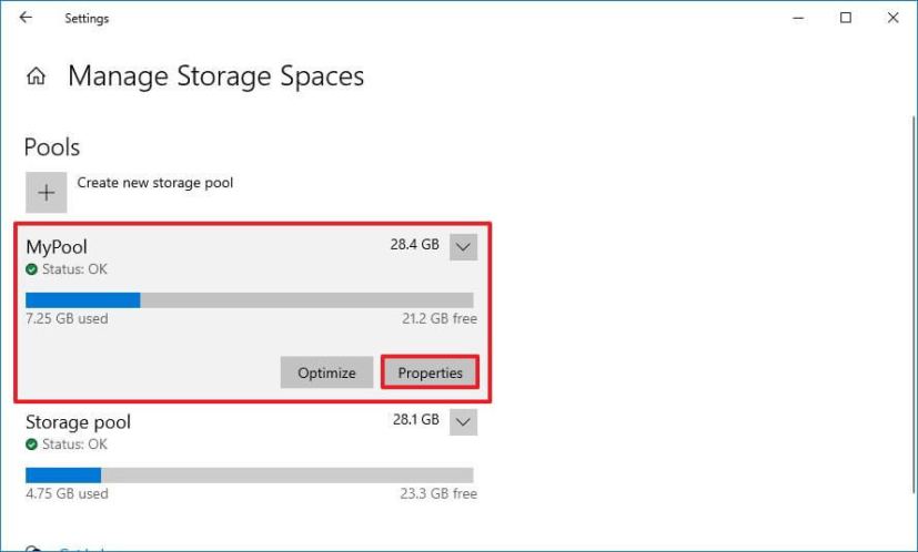 Option de propriétés des espaces de stockage