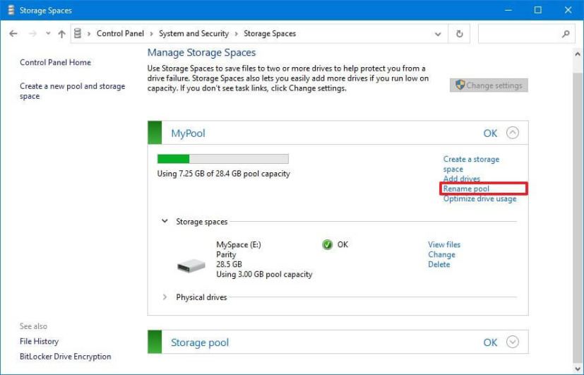 Option de renommage du pool de stockage du Panneau de configuration