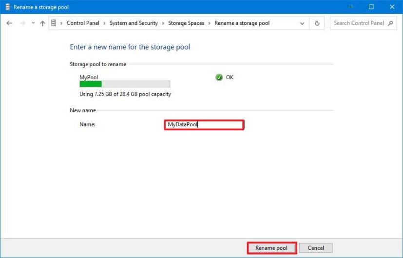 Renommer les espaces de stockage du pool dans le Panneau de configuration