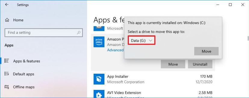 Déplacer l'application installée vers un nouveau lecteur sous Windows 10