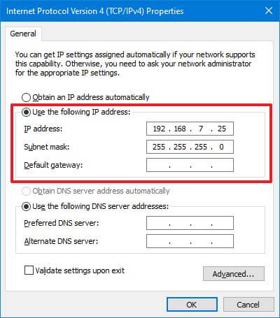 Connectez l'adresse IP statique de deux ordinateurs