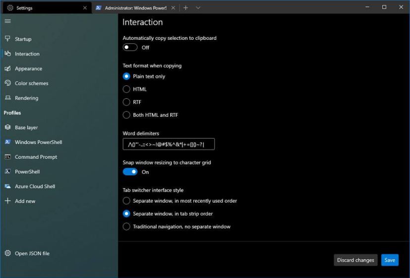 Paramètres d'interaction avec le terminal Windows