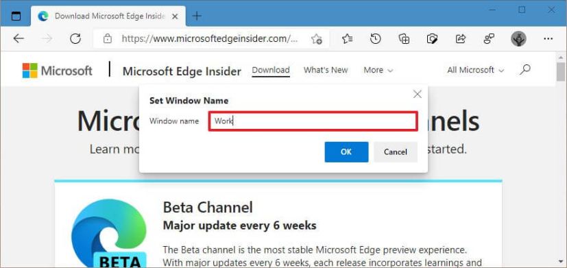 Microsoft Edge confirme le nom de la fenêtre
