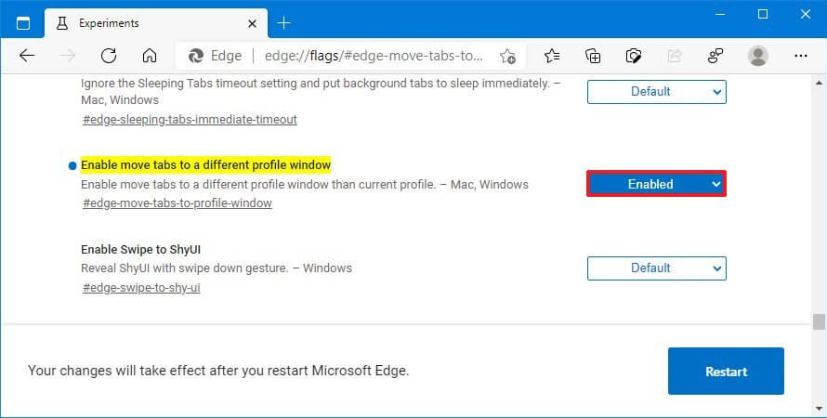 Microsoft Edge active le déplacement de l'onglet vers un autre profil