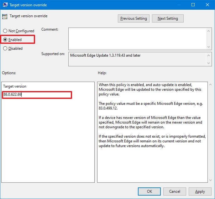 Définir la version cible de restauration