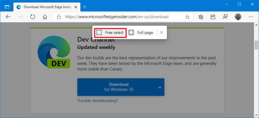 Option de capture d'écran de sélection gratuite Edge