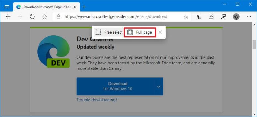 Option de capture d'écran pleine page Edge