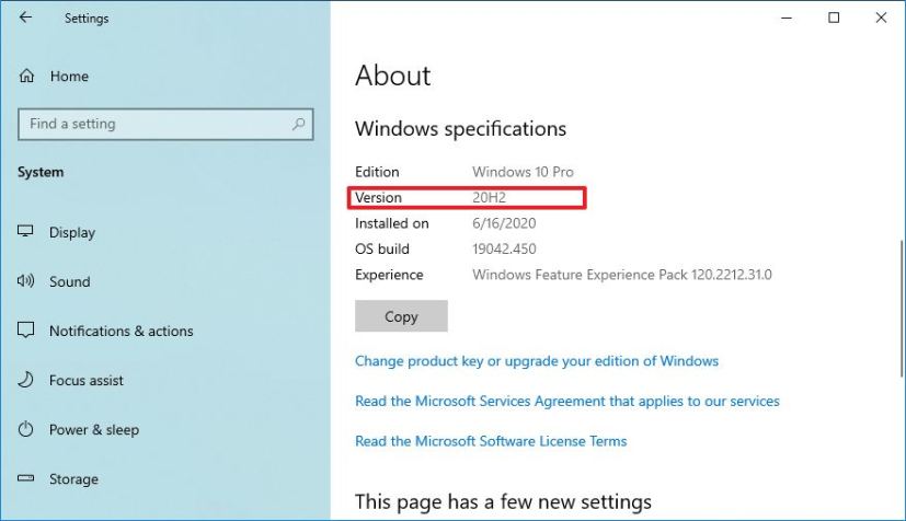 Vérification de Windows 10 20H2 avec les paramètres