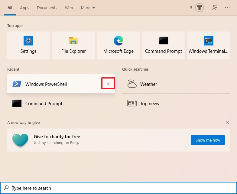 Supprimer l'élément de recherche récent sous Windows 10