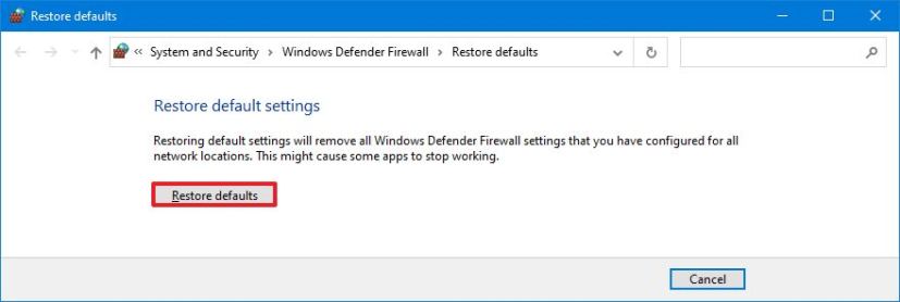 Bouton de réinitialisation du pare-feu Microsoft Defender