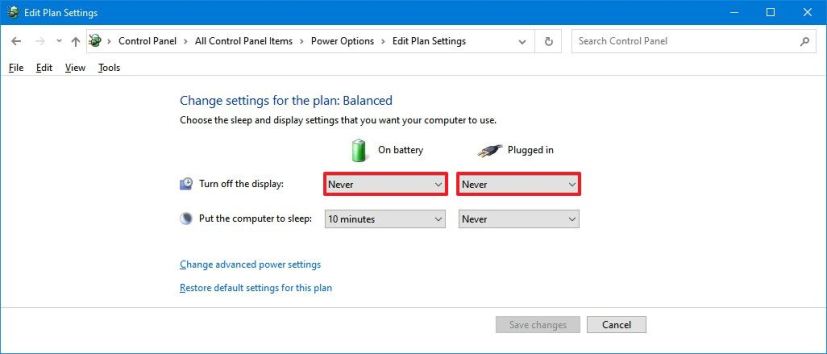 Options de délai d'expiration de l'écran dans le Panneau de configuration