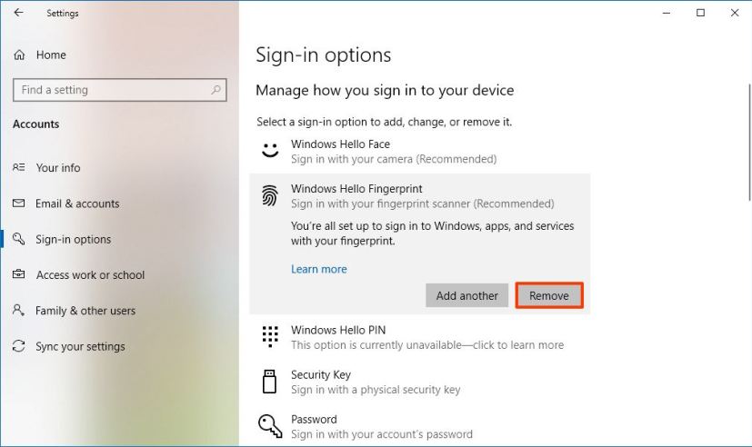 Supprimer l'empreinte digitale Windows Hello