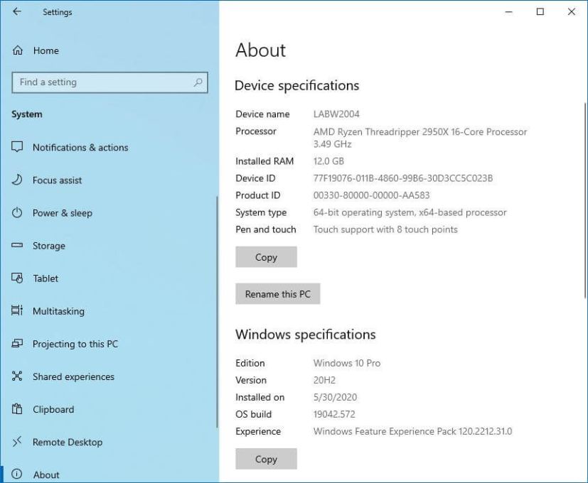 Option de copie des spécifications des paramètres Windows 10