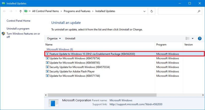 Désinstallation de Windows 10 20H2 (KB4562830)