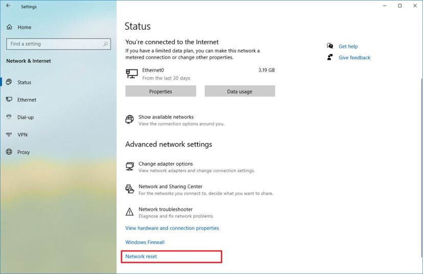 Option de réinitialisation du réseau Windows 10 2004