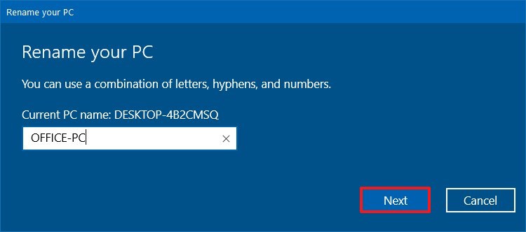 Boîte de dialogue Renommer votre PC de Windows 10
