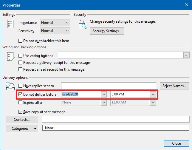 Option d'envoi d'e-mail Outlook plus tard