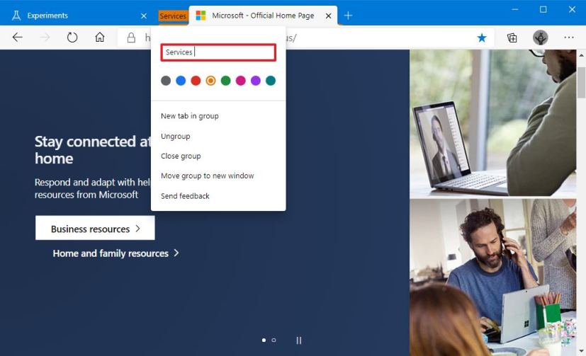 Paramètres du groupe d'onglets Microsoft Edge