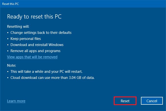 Réinitialisation du nouveau départ de Windows 10