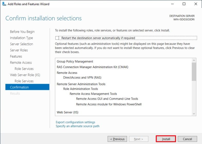Option de serveur VPN d'installation de Windows Server 2019