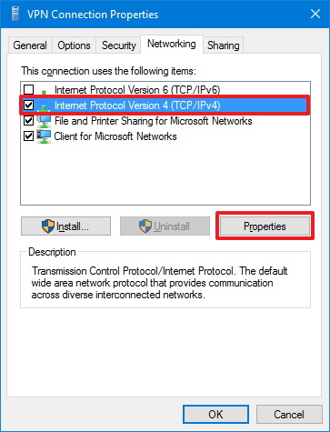 Options de mise en réseau de connexion VPN sur Windows 10