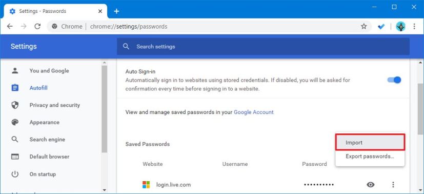 Option de mot de passe d'importation Chrome