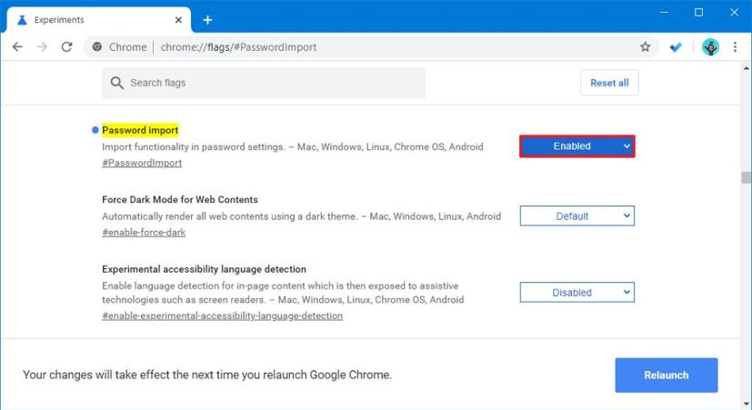 Option d'importation de mot de passe Google Chrome