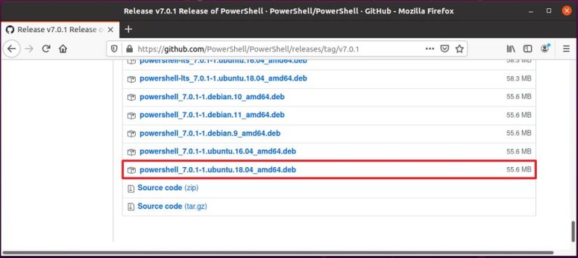 Téléchargement du package deb PowerShell 7