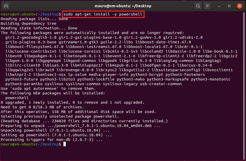 Commande Linux apt-get install PowerShell