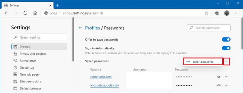 Option d'exportation des mots de passe MIcrosoft Edge