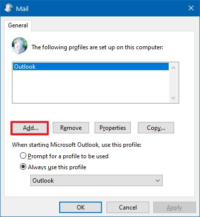 Outlook créer une nouvelle option de profil