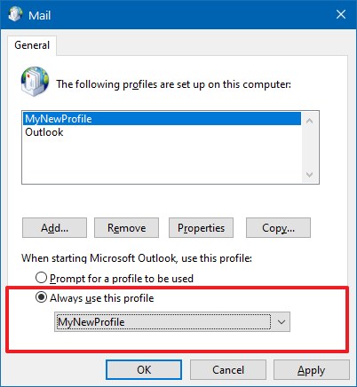 Outlook définit un nouveau profil par défaut