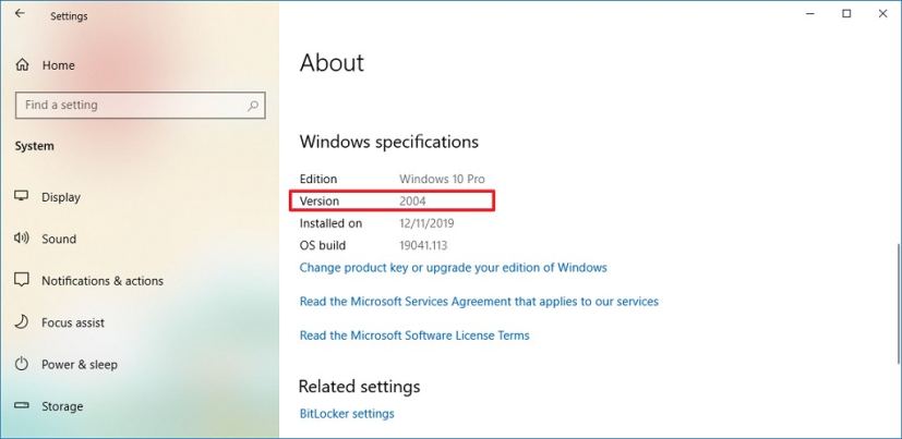 À propos des paramètres, confirmez Windows 10 version 2004