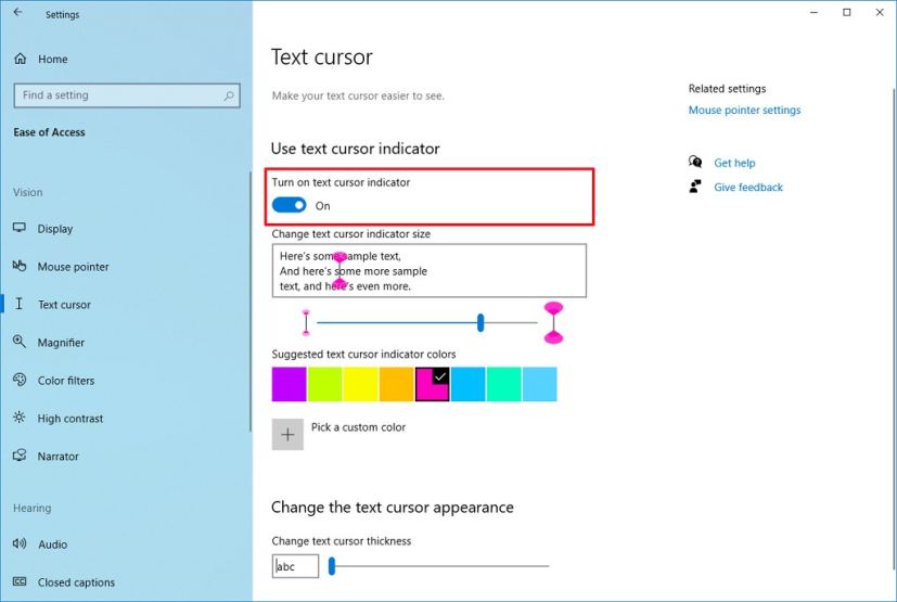 Option d'indicateur de curseur de texte sur Windows 10