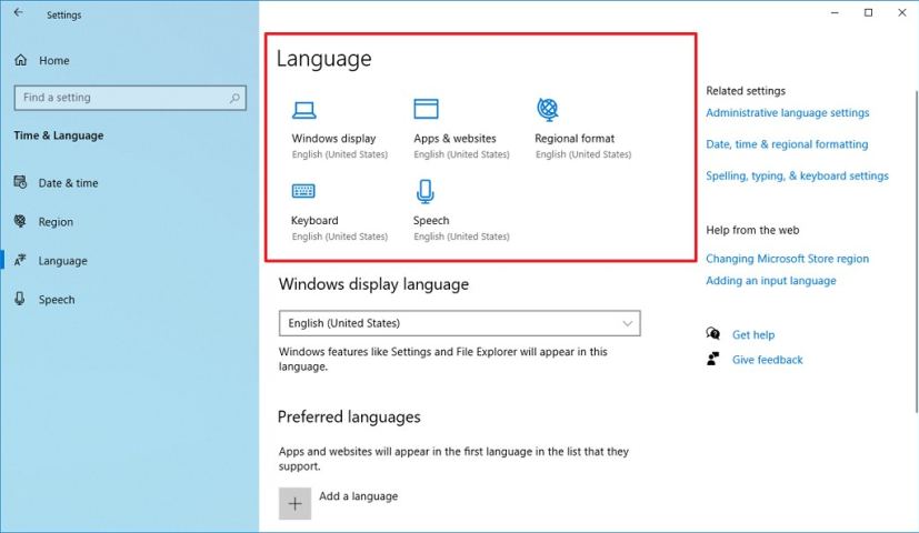 Paramètres de langue sur Windows 10 version 2004