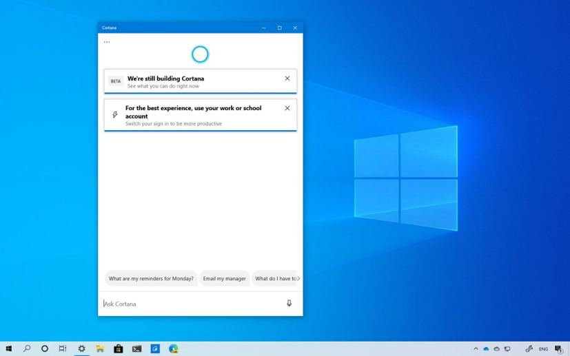 Application Cortana sur Windows 10 version 2004