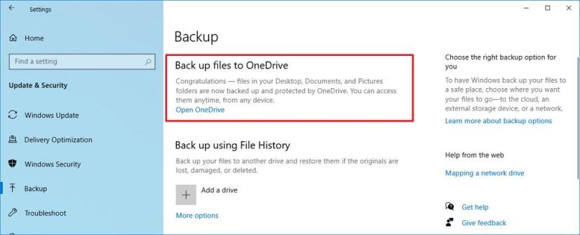 Paramètres de sauvegarde avec l'option OneDrive sur la mise à jour Windows 10 de mai 2020