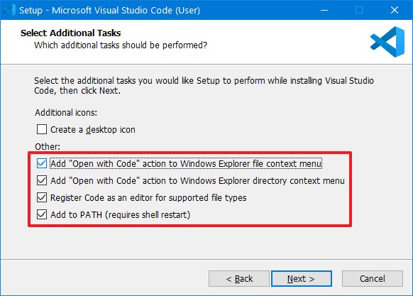 Options d'installation de Visual Studio Code