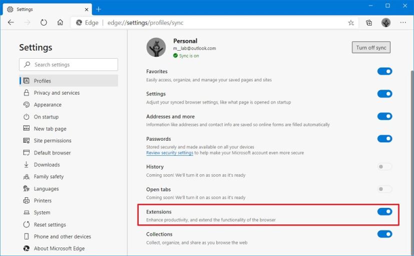 Microsoft Edge active la synchronisation des extensions